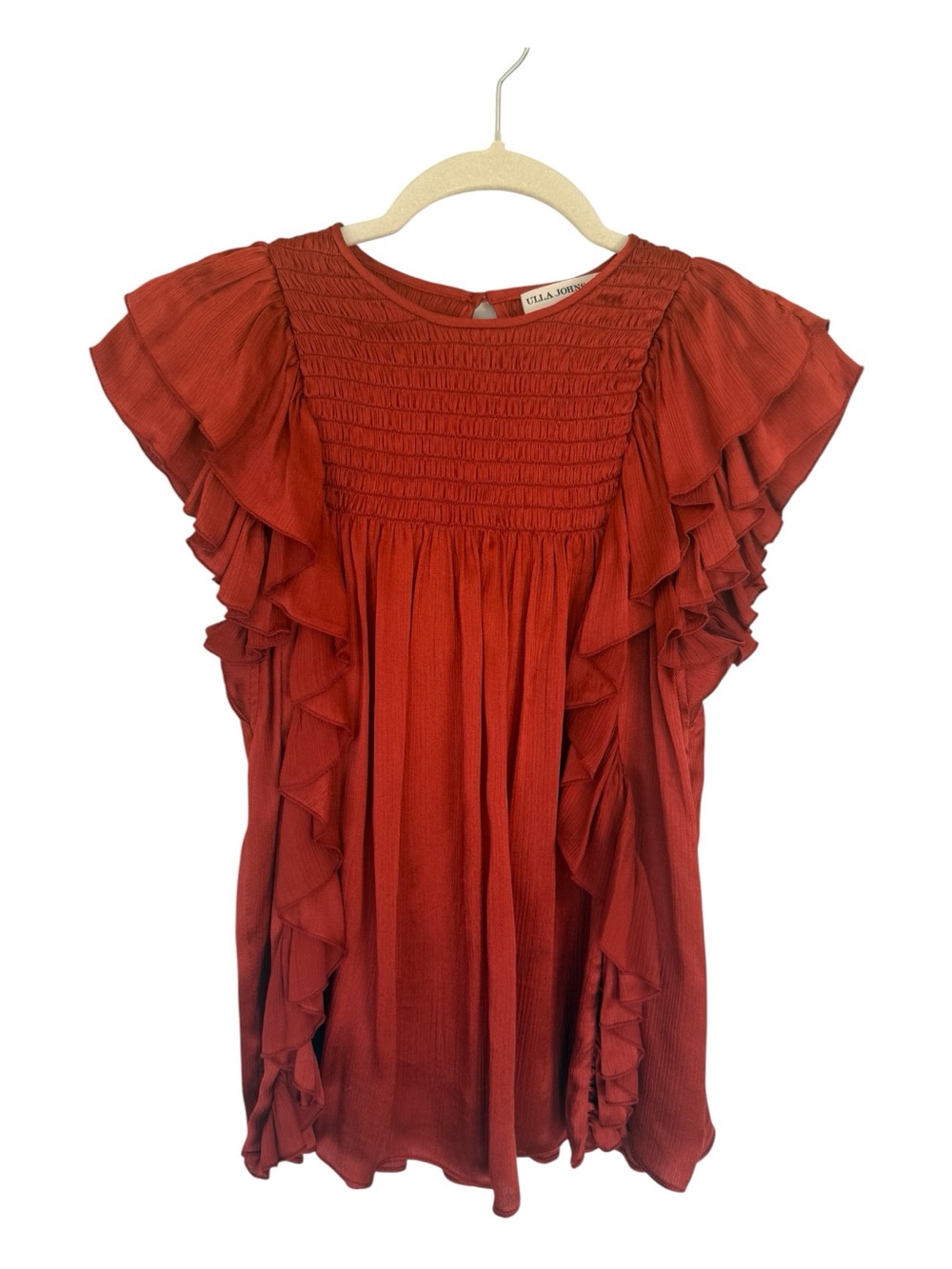 Ulla Johnson Winnie Rust Ruffle Sleeve Smocked Yoke Blouse